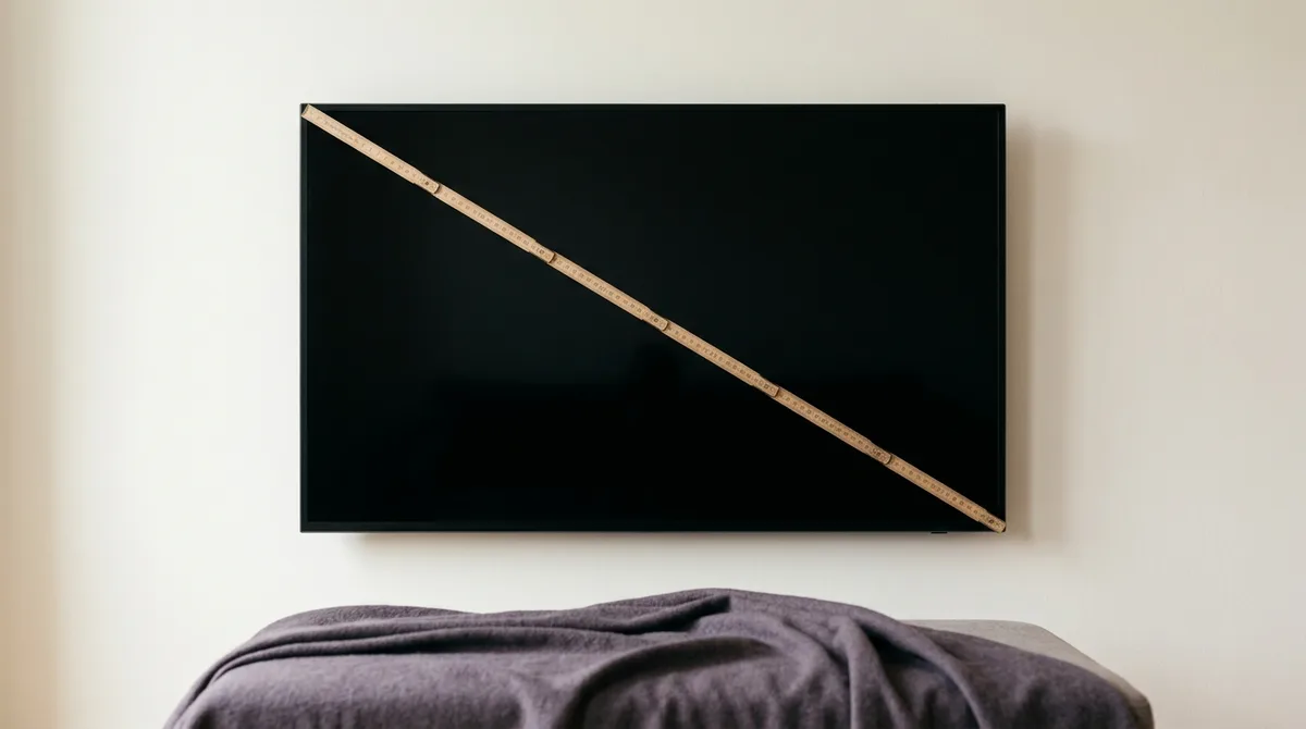 Ein Fernseher an einer hellen Wand, frontal fotografiert, mit dunklem Bildschirm. Ein hölzerner Zollstock liegt von Ecke zu Ecke diagonal über dem Bildschirm; seine Skala ist nicht lesbar.